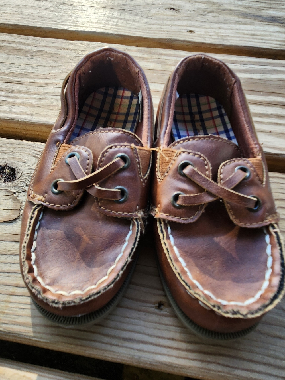 Carter's Brown Leather Moccasin Boat Shoes with Plaid Lining